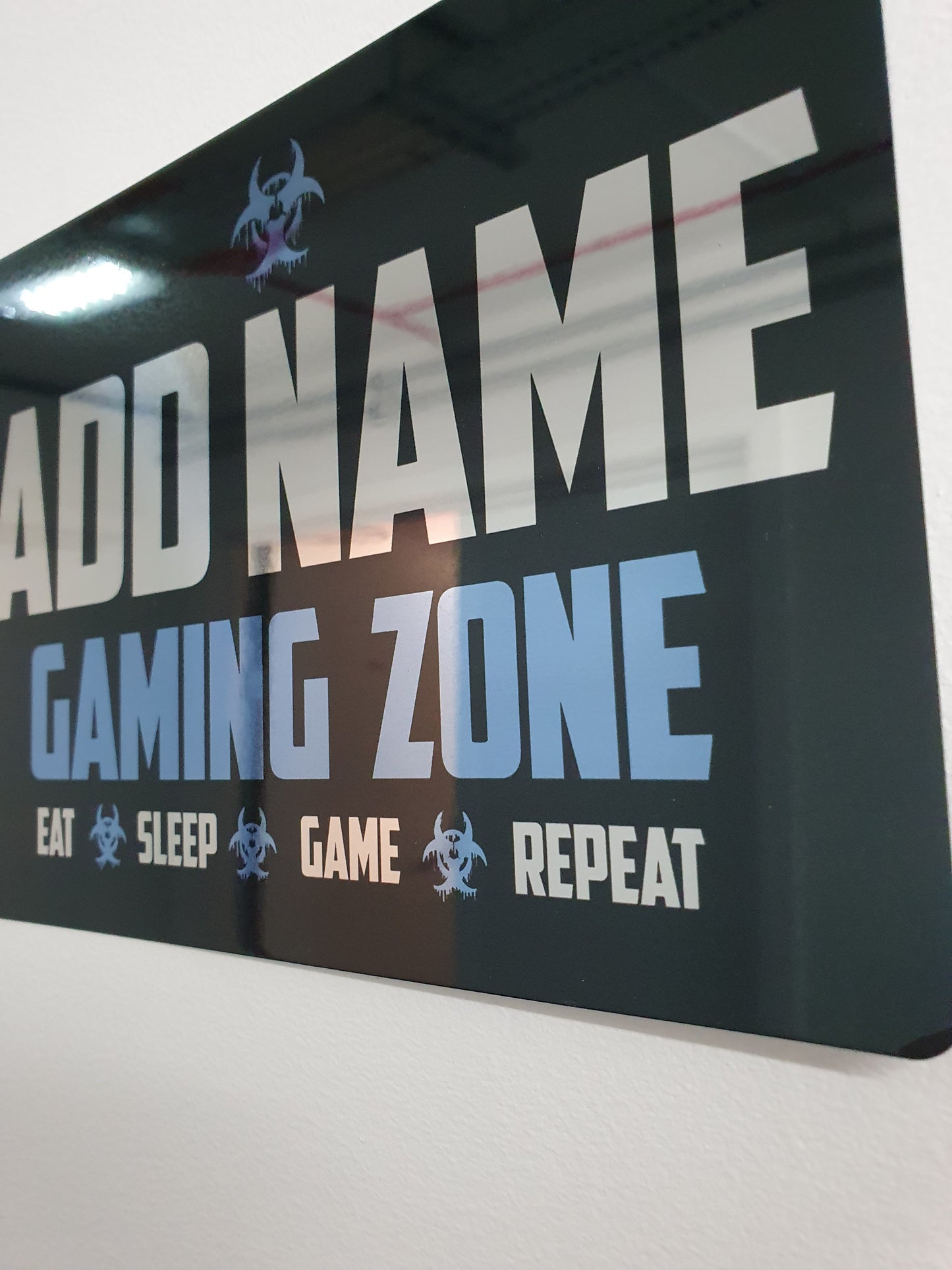 Personalised Metal Mirror Blue Gamer Sign - Gaming Zone Caution - shopquality4u