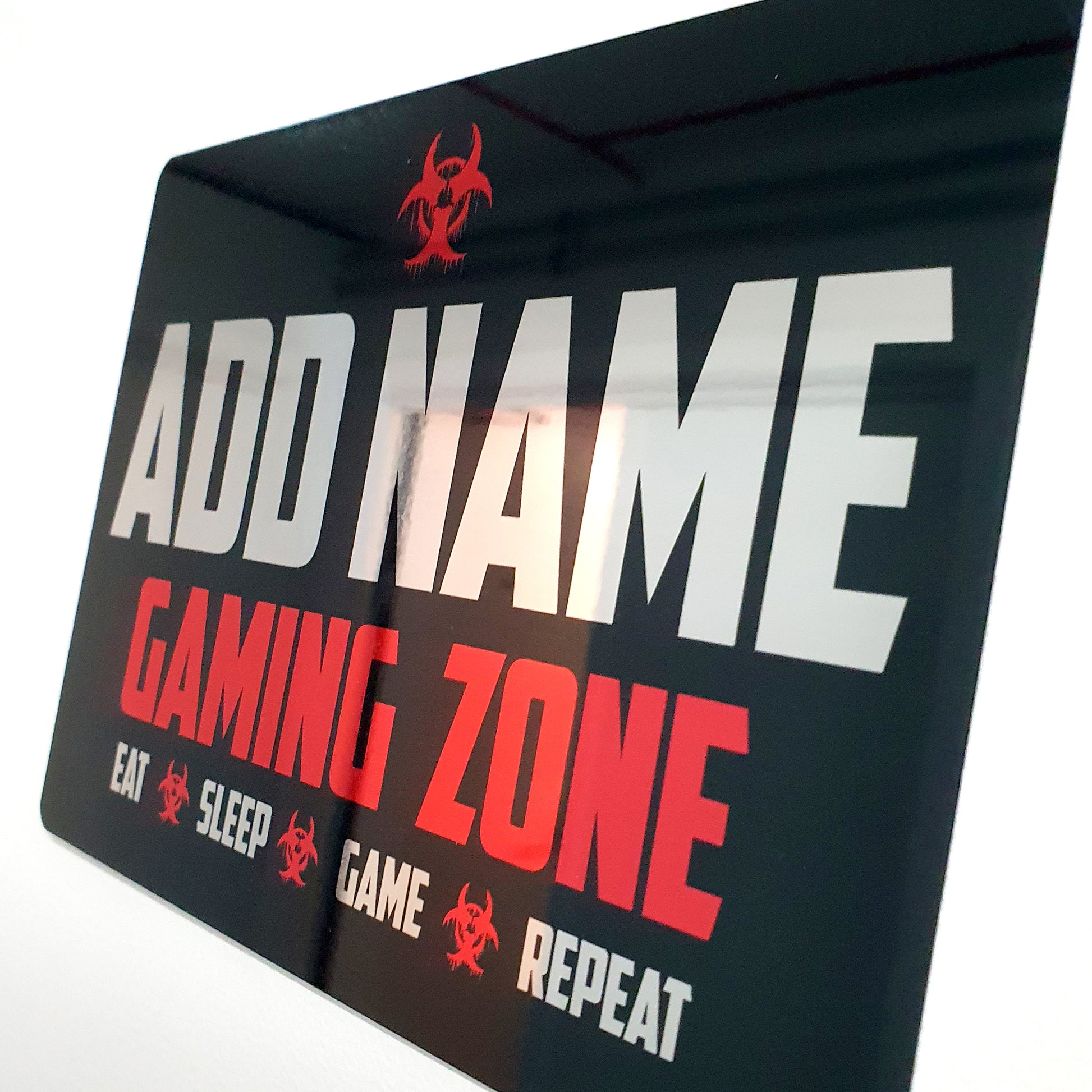 Personalised Metal Mirror Red Gamer Sign - Gaming Zone Caution - shopquality4u