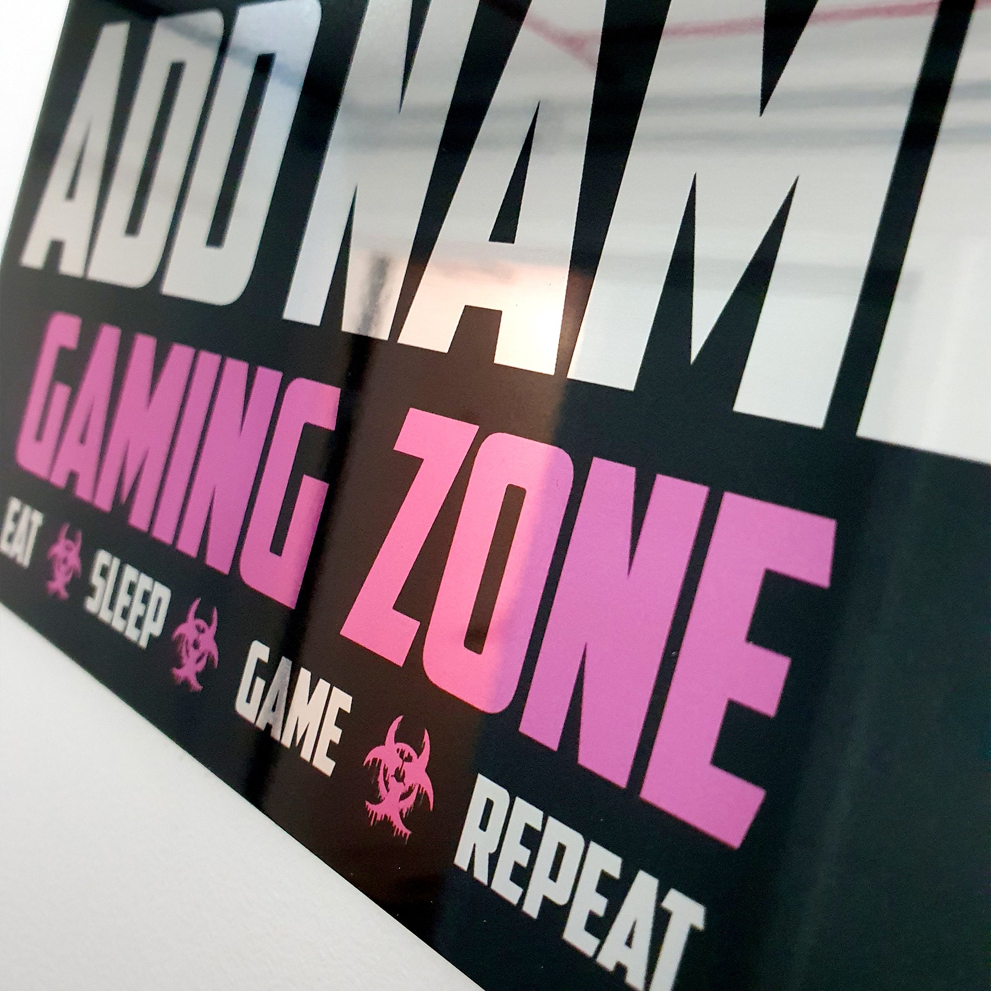 Personalised Metal Mirror Pink Gamer Sign - Gaming Zone Caution - shopquality4u