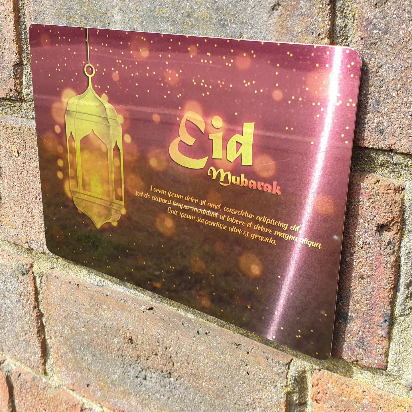 Personalised Eid Mubarak Mirror Metal Sign One Lantern Brick Red - Add Your Custom Text - shopquality4u