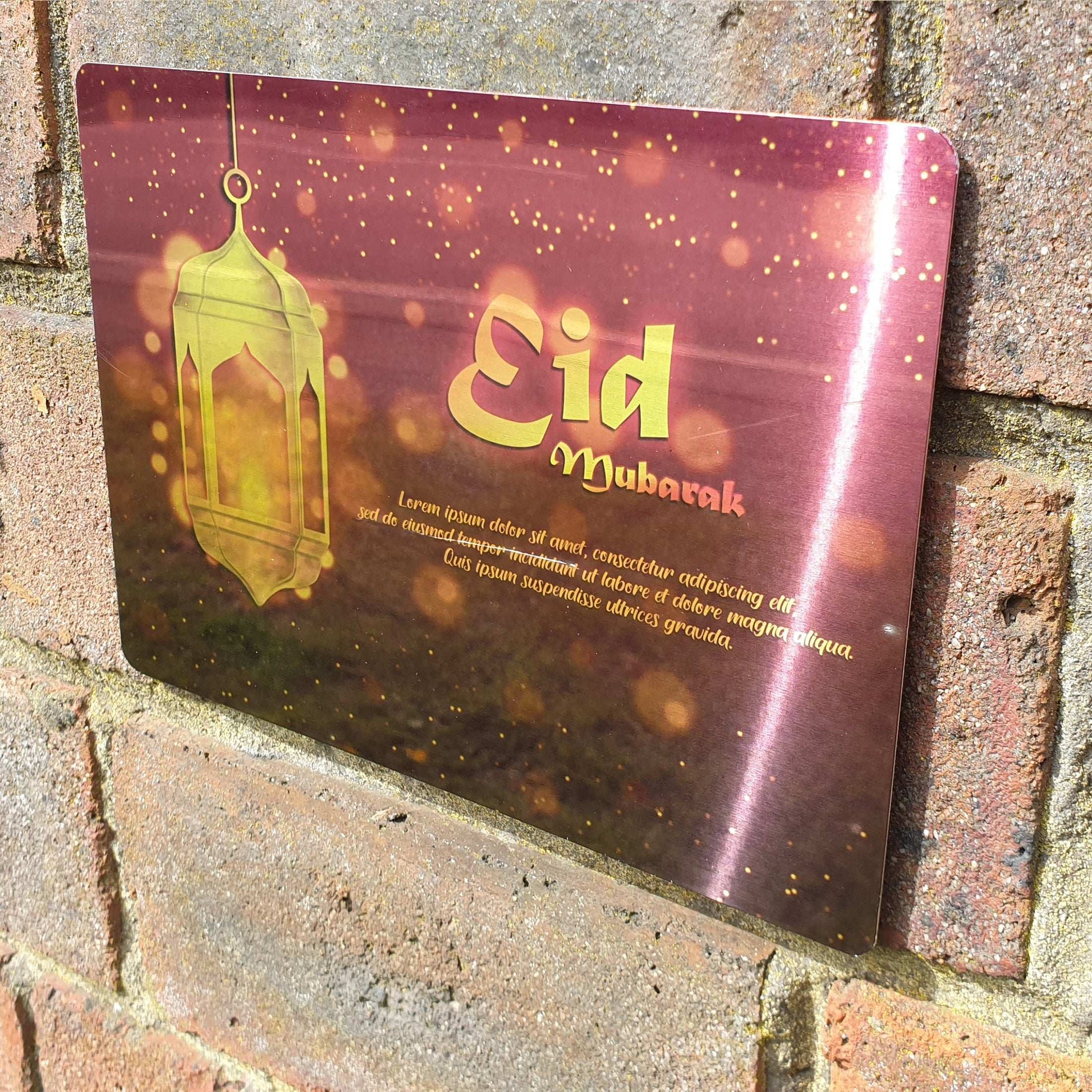 Personalised Eid Mubarak Mirror Metal Sign One Lantern Brick Red - Add Your Custom Text - shopquality4u