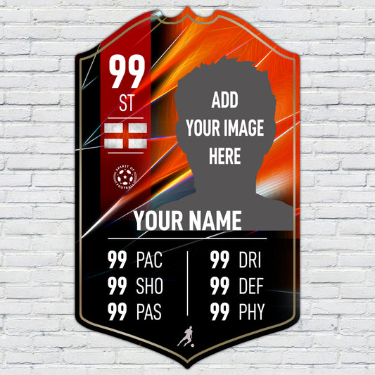 Personalised Football Cup Player Stats Card Sign - Red Background Printed Metal Shield