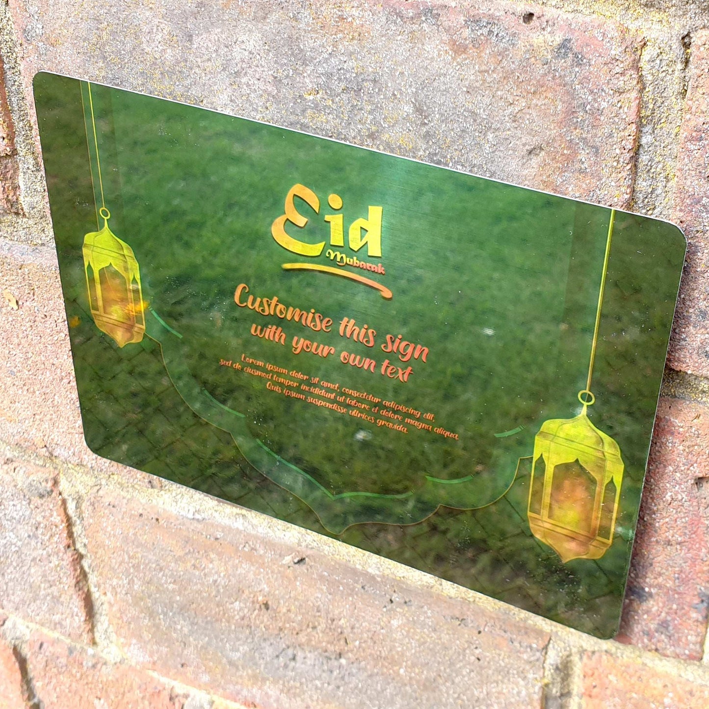 Personalised Eid Mubarak Mirror Metal Sign Two Lanterns Green - Add Your Custom Text - shopquality4u