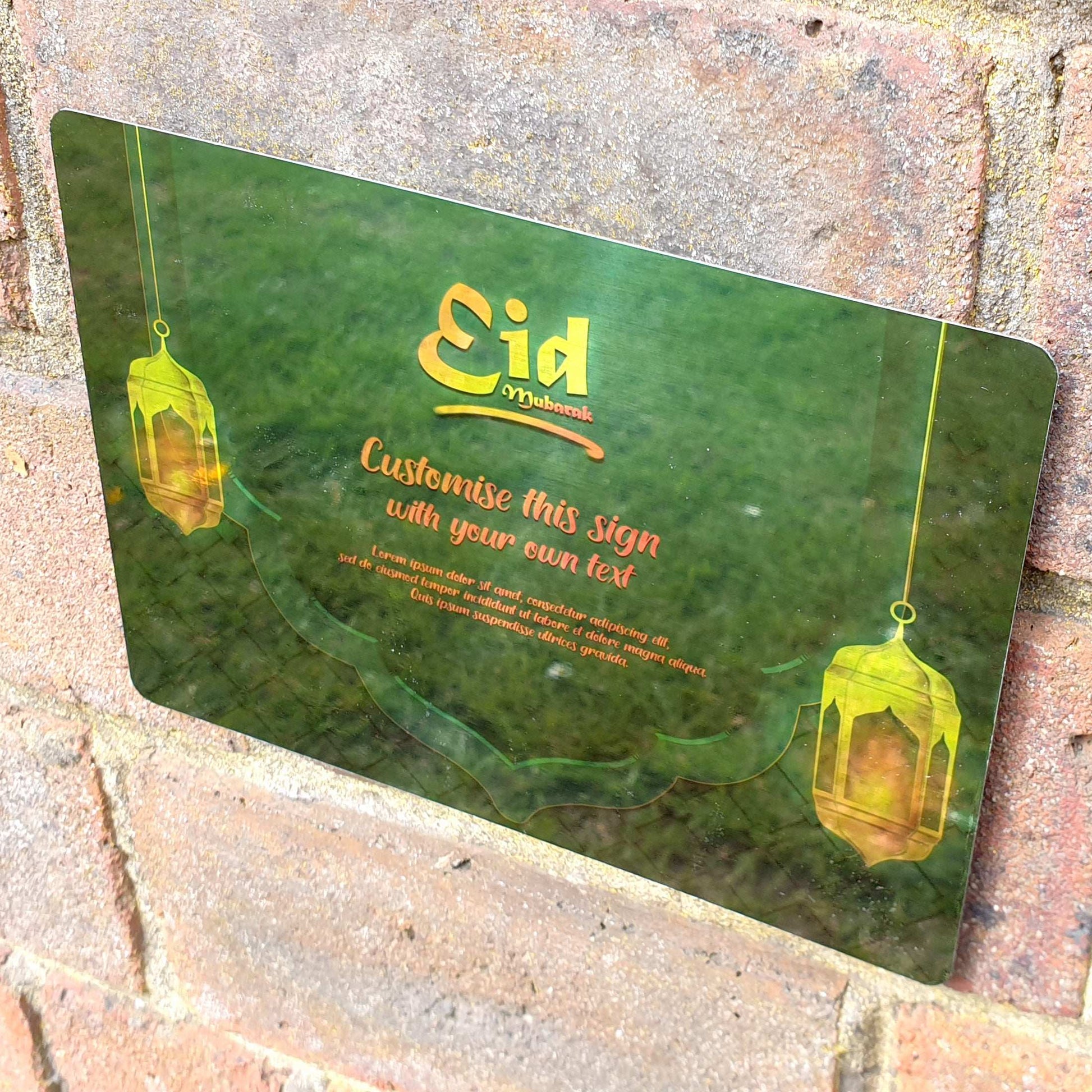 Personalised Eid Mubarak Mirror Metal Sign Two Lanterns Green - Add Your Custom Text - shopquality4u