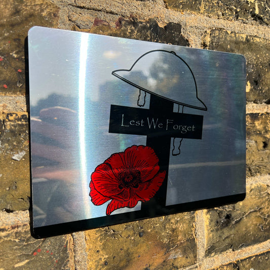 Cross & Helmet Lest we Forget Metal Mirror Sign