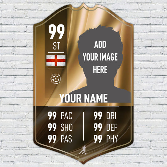 Personalised Football Cup Player Stats Card Sign - Gold Background Printed Metal Shield