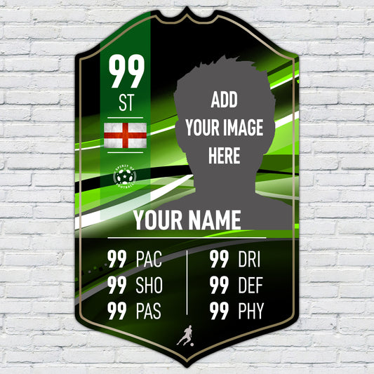 Personalised Football Cup Player Stats Card Sign - Green Background Printed Metal Shield