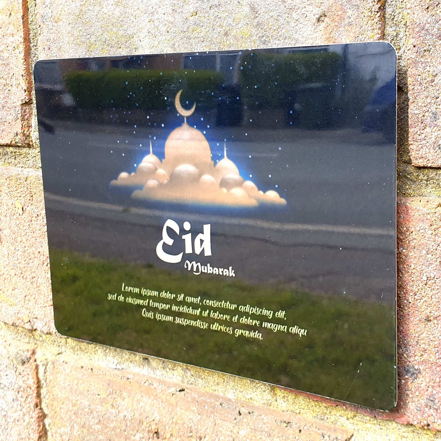 Personalised Eid Mubarak Mirror Metal Sign Blue Beige Mosque - Add Your Custom Text - shopquality4u