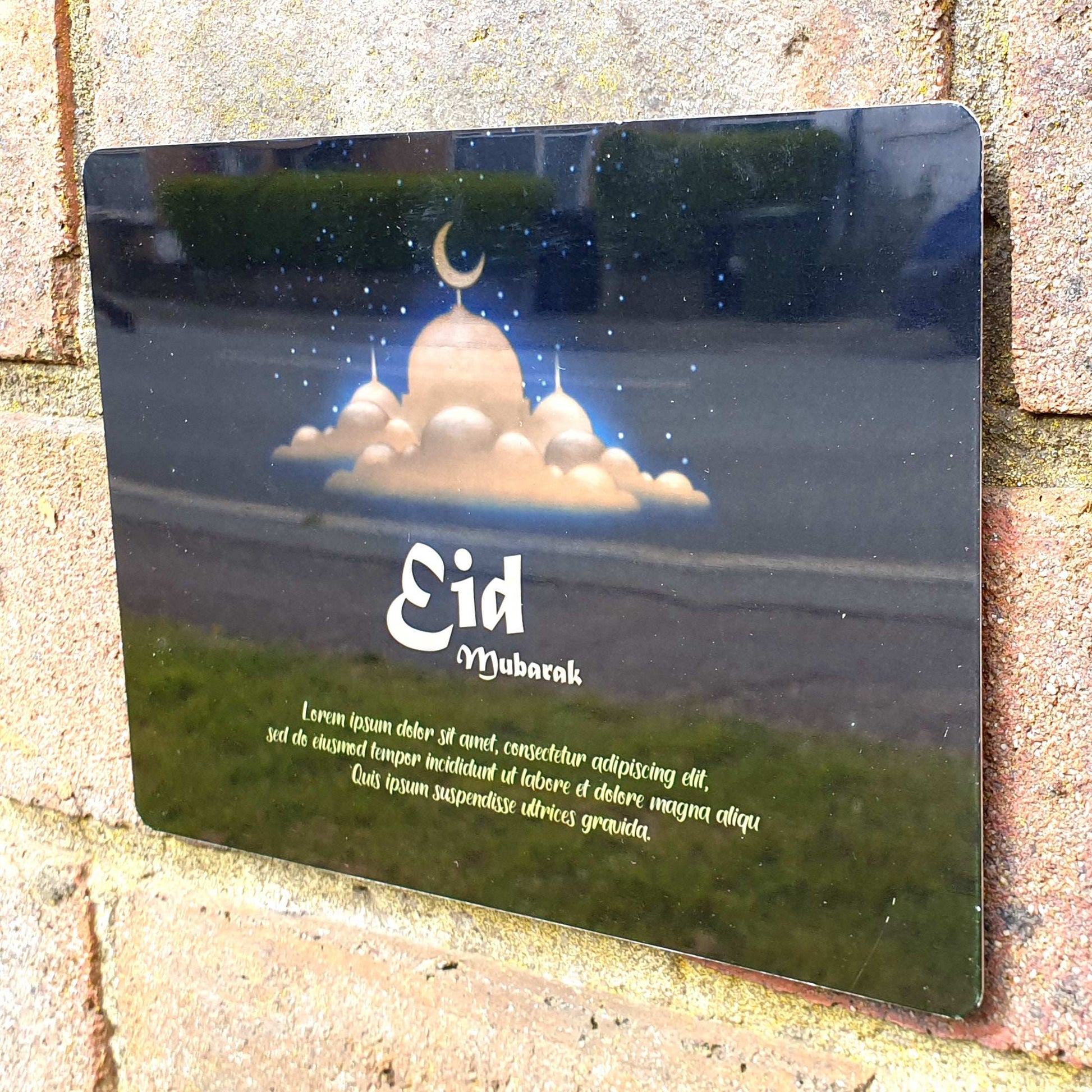 Personalised Eid Mubarak Mirror Metal Sign Blue Beige Mosque - Add Your Custom Text - shopquality4u