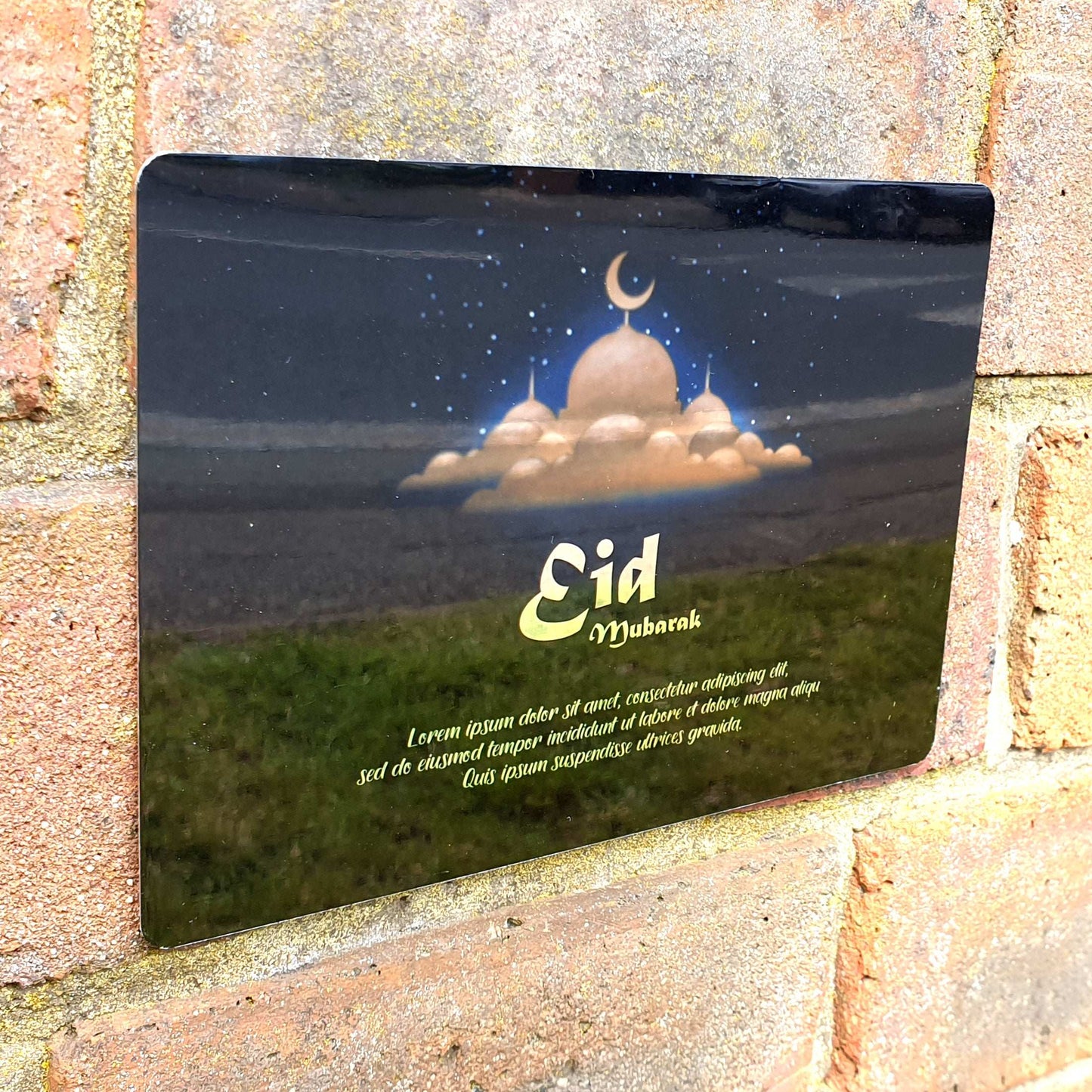 Personalised Eid Mubarak Mirror Metal Sign Blue Beige Mosque - Add Your Custom Text - shopquality4u