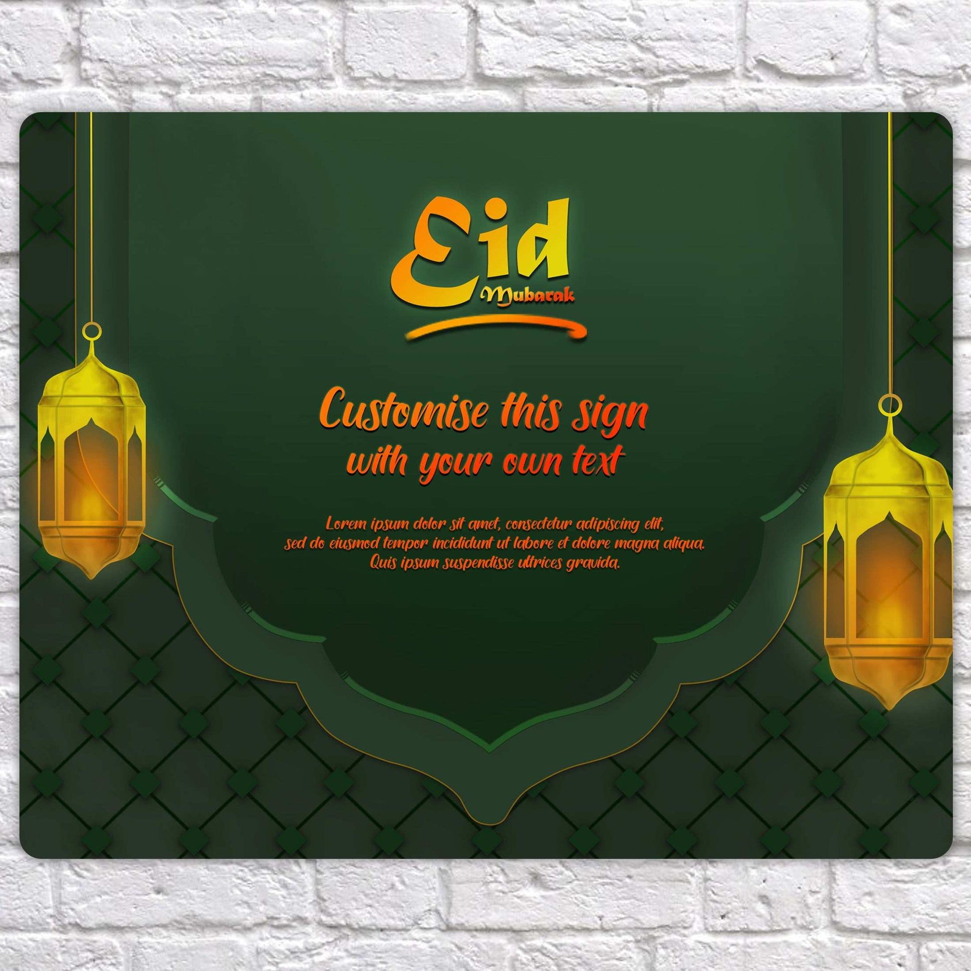 Personalised Eid Mubarak Mirror Metal Sign Two Lanterns Green - Add Your Custom Text - shopquality4u